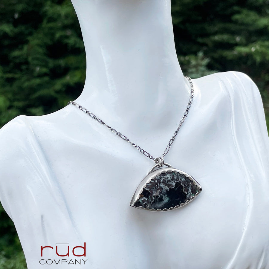 Agatized Multicolor Petrified Wood with Native Copper Freeform Cabochon set in Sterling Silver Necklace, Very Rare Stone - Rūd Company