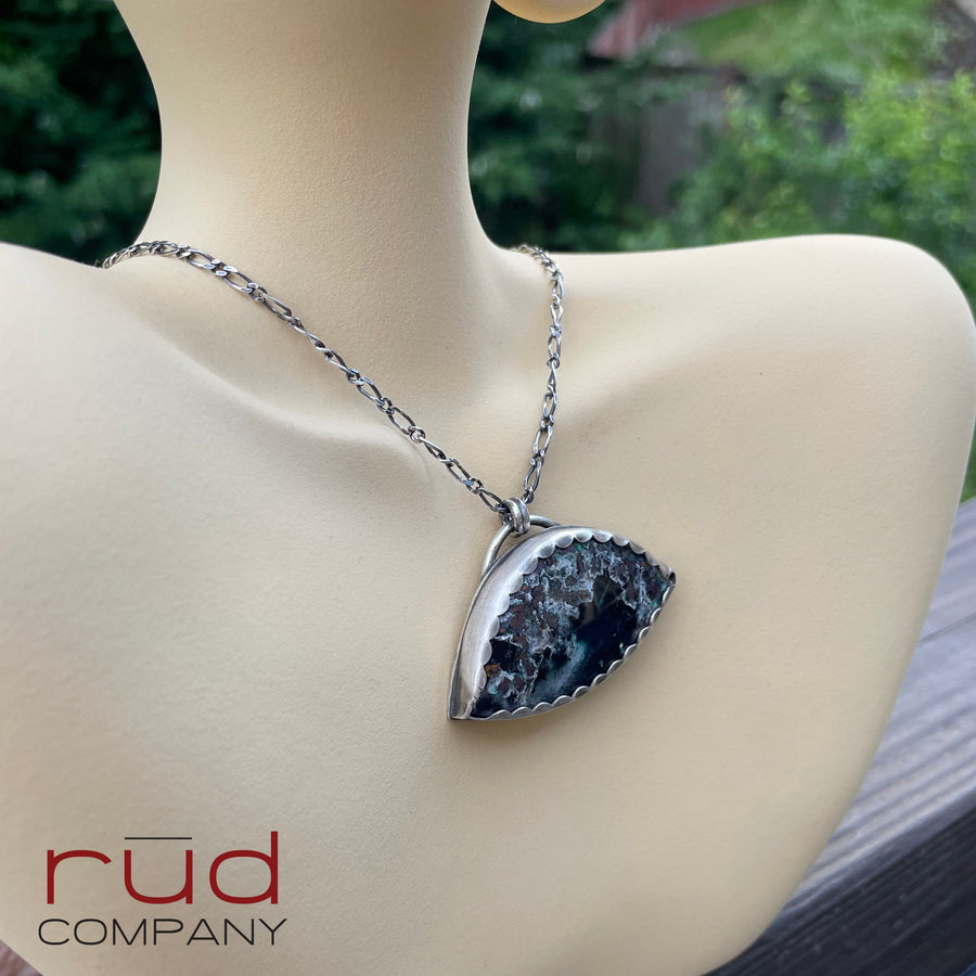 Agatized Multicolor Petrified Wood with Native Copper Freeform Cabochon set in Sterling Silver Necklace, Very Rare Stone - Rūd Company