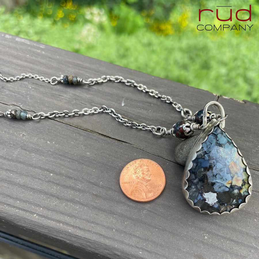 Agatized Multicolor Petrified Wood Teardrop Cabochon set in Sterling Silver Necklace, Handmade, One of a kind Artisan Jewelry - Rūd Company