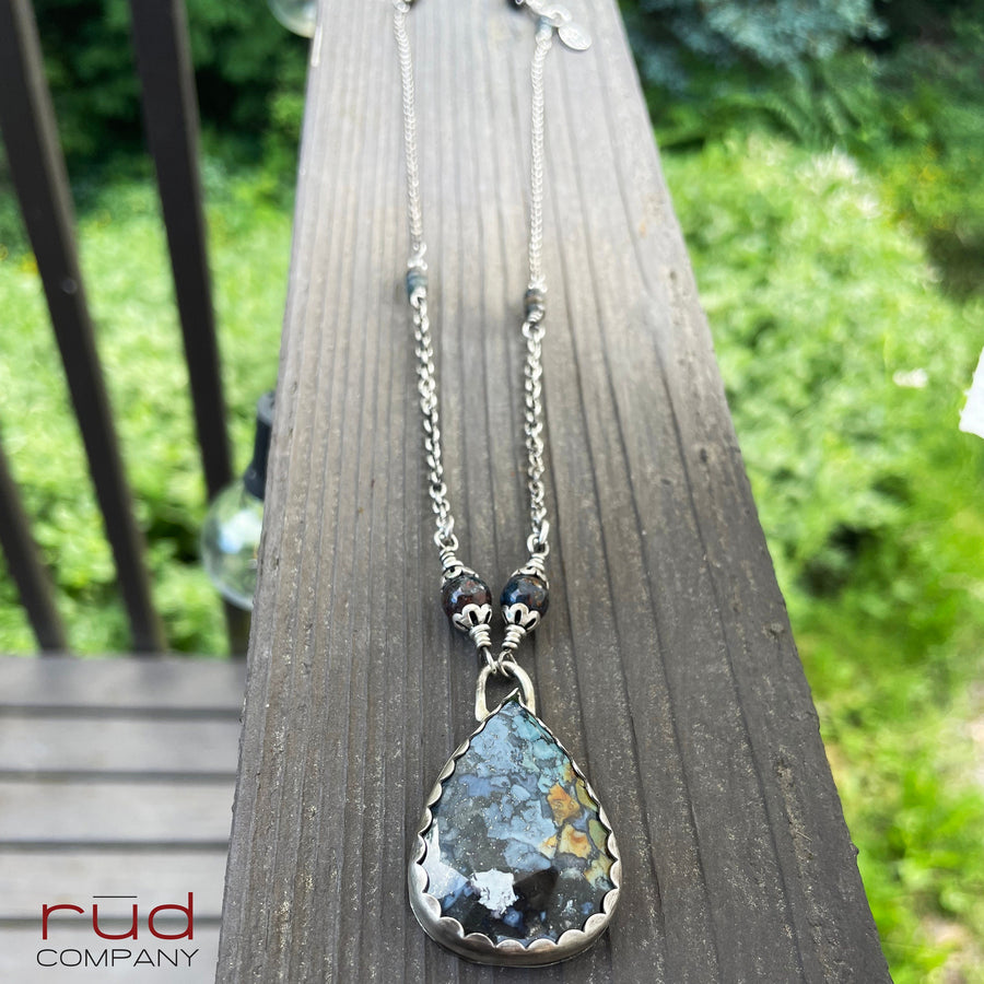 Agatized Multicolor Petrified Wood Teardrop Cabochon set in Sterling Silver Necklace, Handmade, One of a kind Artisan Jewelry - Rūd Company