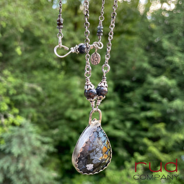 Agatized Multicolor Petrified Wood Teardrop Cabochon set in Sterling Silver Necklace, Handmade, One of a kind Artisan Jewelry - Rūd Company