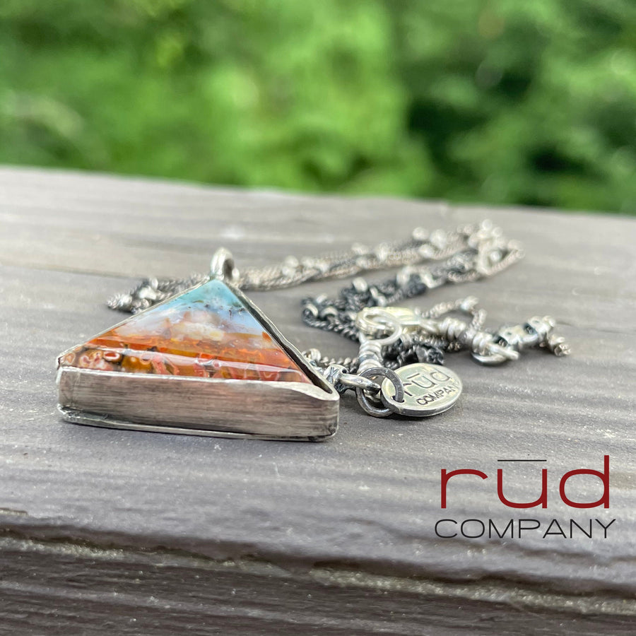 Agatized Multicolor Petrified Wood Triangular, Freeform Cabochon set in Sterling Silver Necklace, One of a kind Artisan Jewelry -Rūd Company