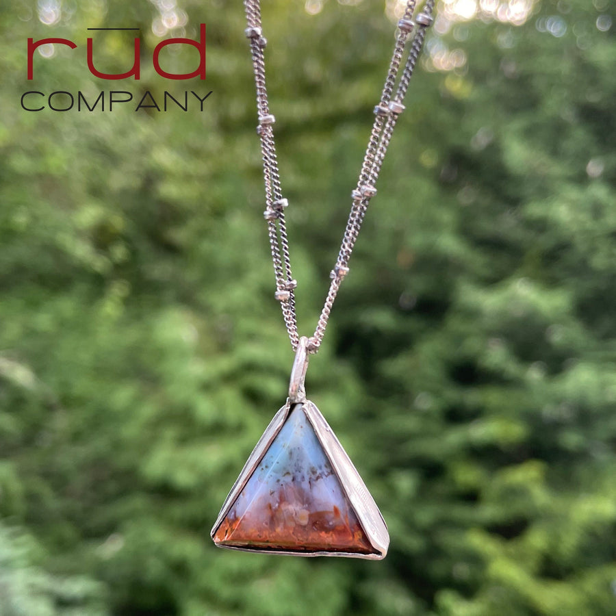 Agatized Multicolor Petrified Wood Triangular, Freeform Cabochon set in Sterling Silver Necklace, One of a kind Artisan Jewelry -Rūd Company