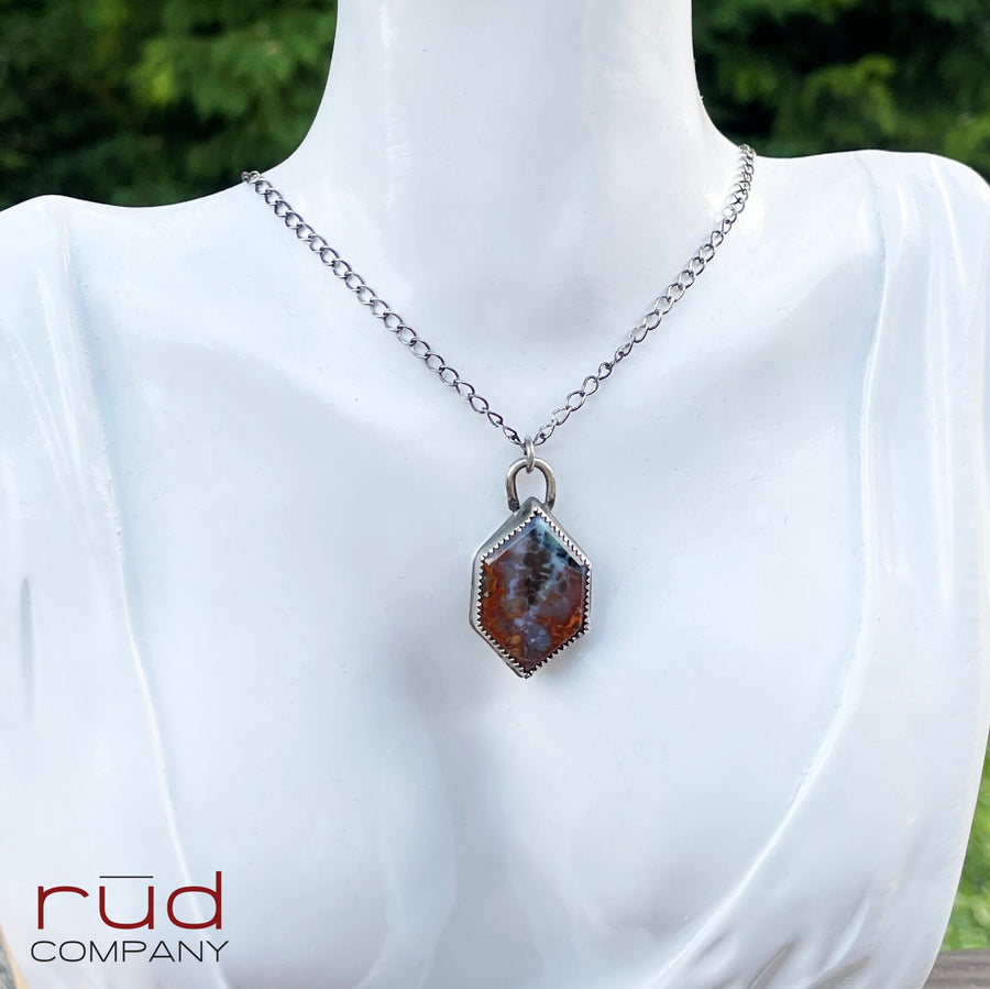 Agatized Multicolor Petrified Wood Double-Point Hexagon Cabochon set in Sterling Silver Necklace, One of a kind Artisan Jewelry -Rūd Company