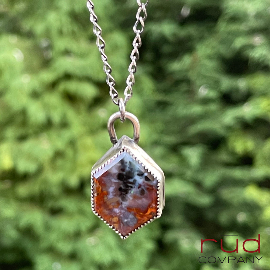 Agatized Multicolor Petrified Wood Double-Point Hexagon Cabochon set in Sterling Silver Necklace, One of a kind Artisan Jewelry -Rūd Company