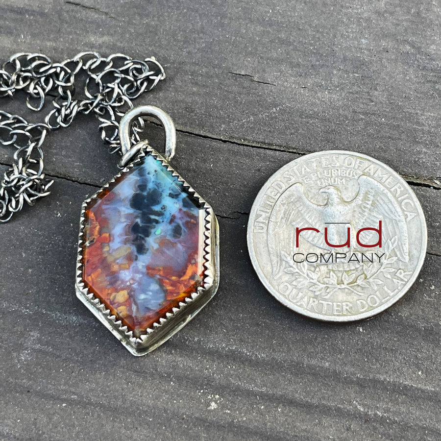 Agatized Multicolor Petrified Wood Double-Point Hexagon Cabochon set in Sterling Silver Necklace, One of a kind Artisan Jewelry -Rūd Company