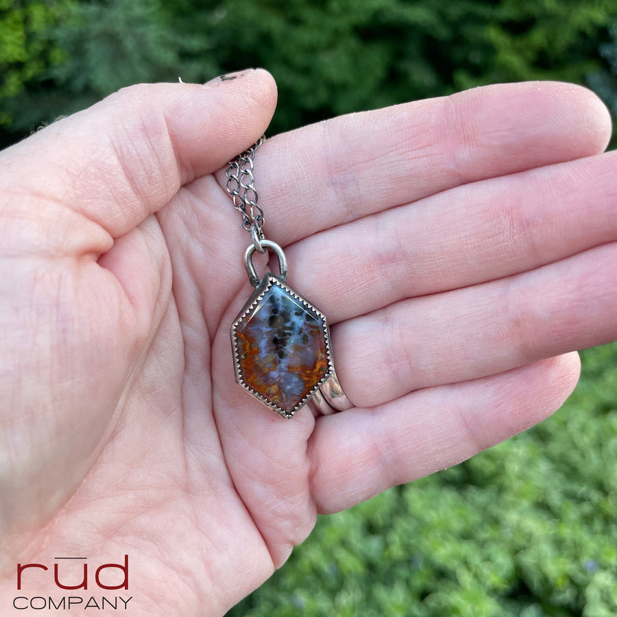 Agatized Multicolor Petrified Wood Double-Point Hexagon Cabochon set in Sterling Silver Necklace, One of a kind Artisan Jewelry -Rūd Company