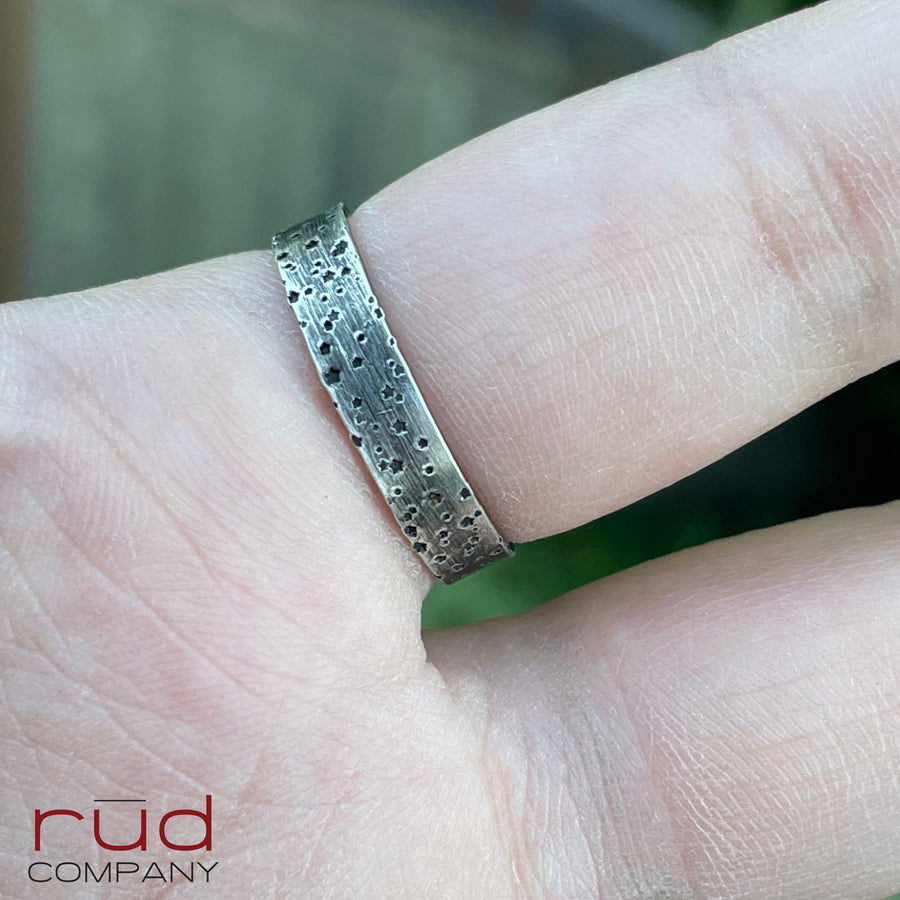 Agatized Petrified Wood, Freeform Beveled Square Cabochon Ring in Sterling Silver, Cocktail Ring, Starry Night Band - One of a kind - Rud