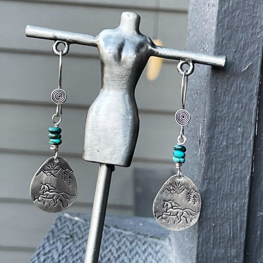 Freedom - Sterling Silver and Genuine Arizona Turquoise Running Horse Earrings