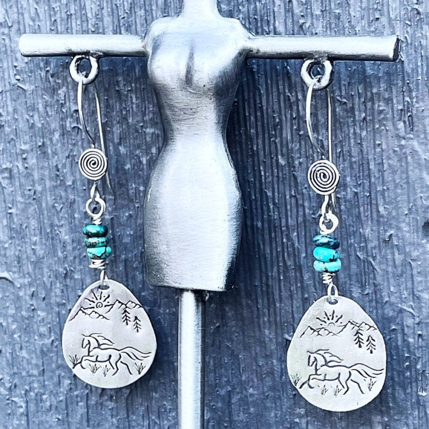 Freedom - Sterling Silver and Genuine Arizona Turquoise Running Horse Earrings