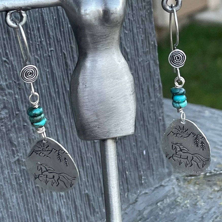 Freedom - Sterling Silver and Genuine Arizona Turquoise Running Horse Earrings