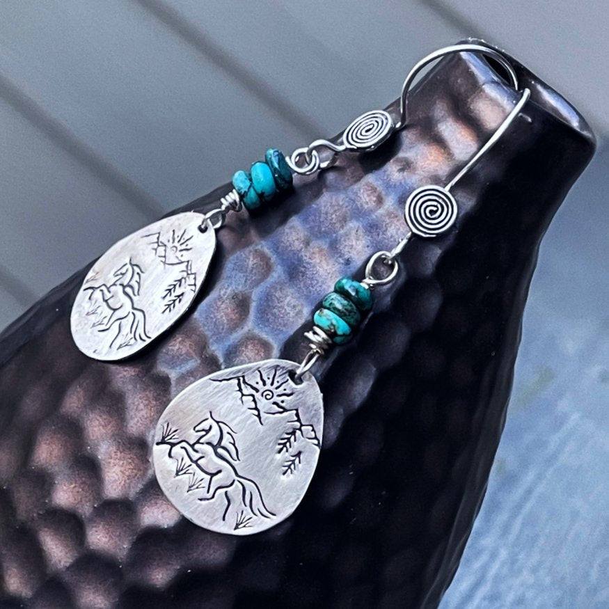 Freedom - Sterling Silver and Genuine Arizona Turquoise Running Horse Earrings