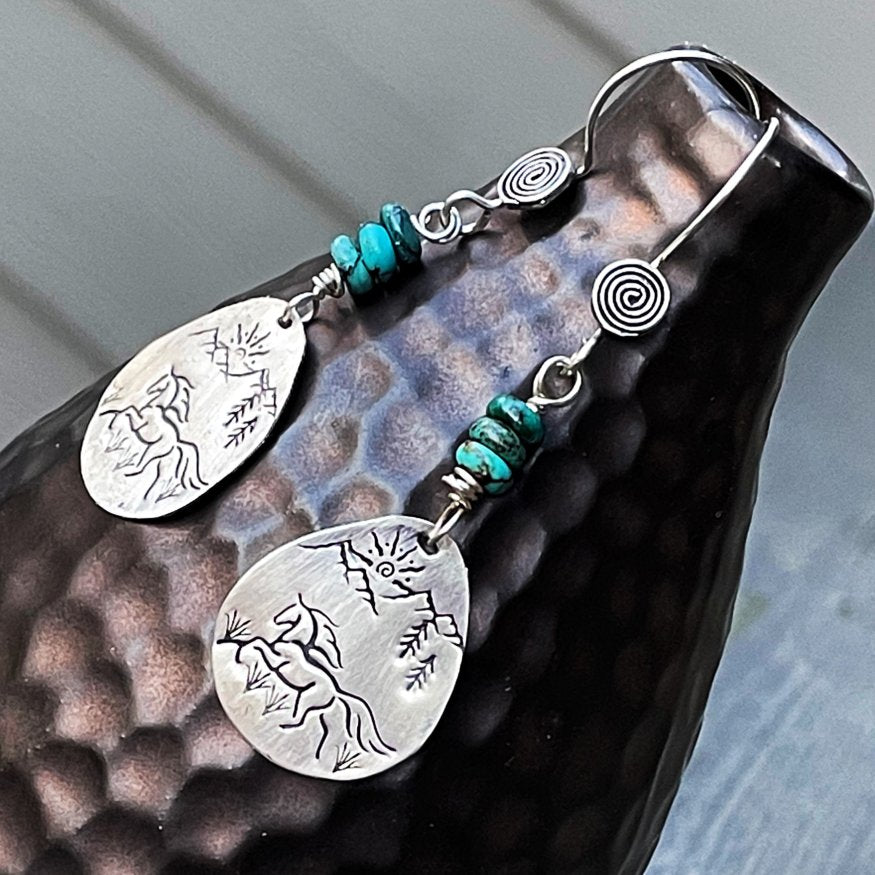 Freedom - Sterling Silver and Genuine Arizona Turquoise Running Horse Earrings