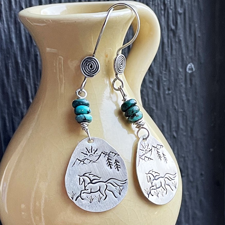 Freedom - Sterling Silver and Genuine Arizona Turquoise Running Horse Earrings