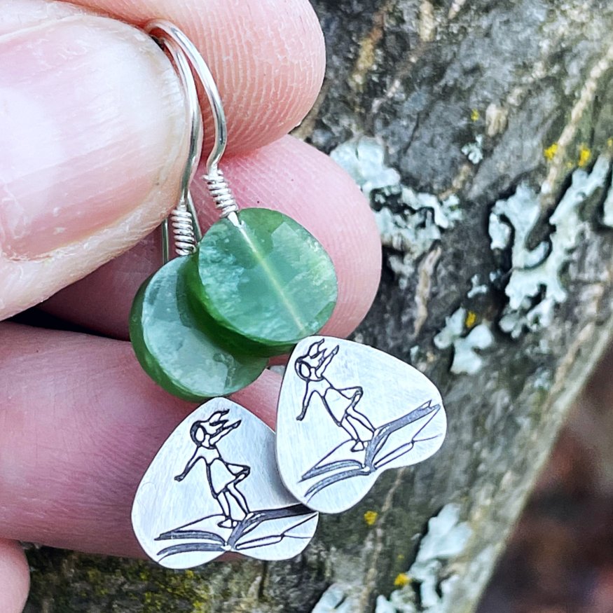 On a Book I Fly Away - Green Nephrite Jade & Sterling Silver Earrings