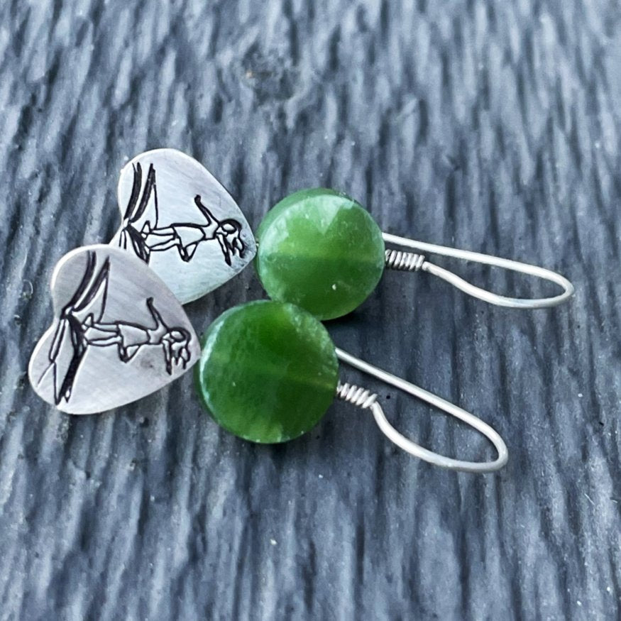 On a Book I Fly Away - Green Nephrite Jade & Sterling Silver Earrings