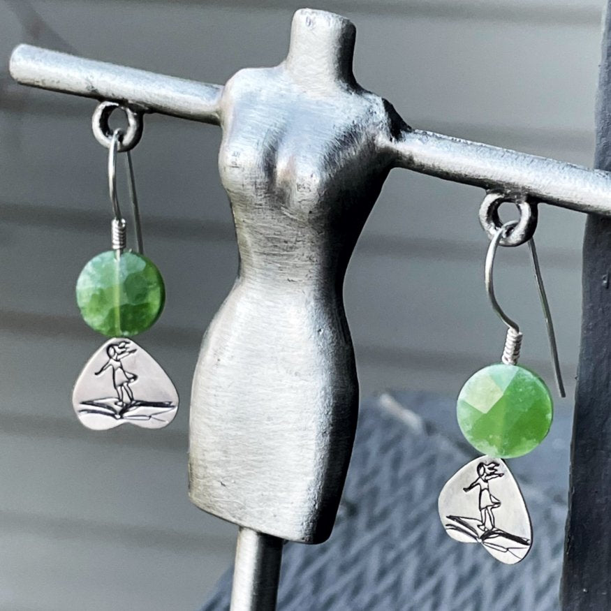 On a Book I Fly Away - Green Nephrite Jade & Sterling Silver Earrings