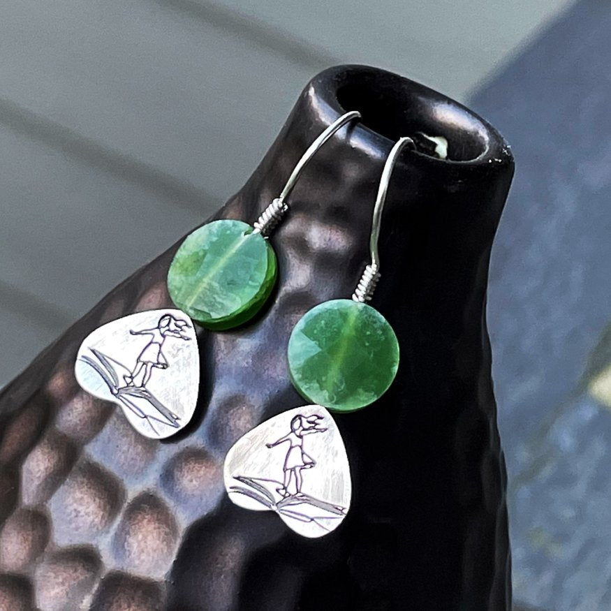 On a Book I Fly Away - Green Nephrite Jade & Sterling Silver Earrings