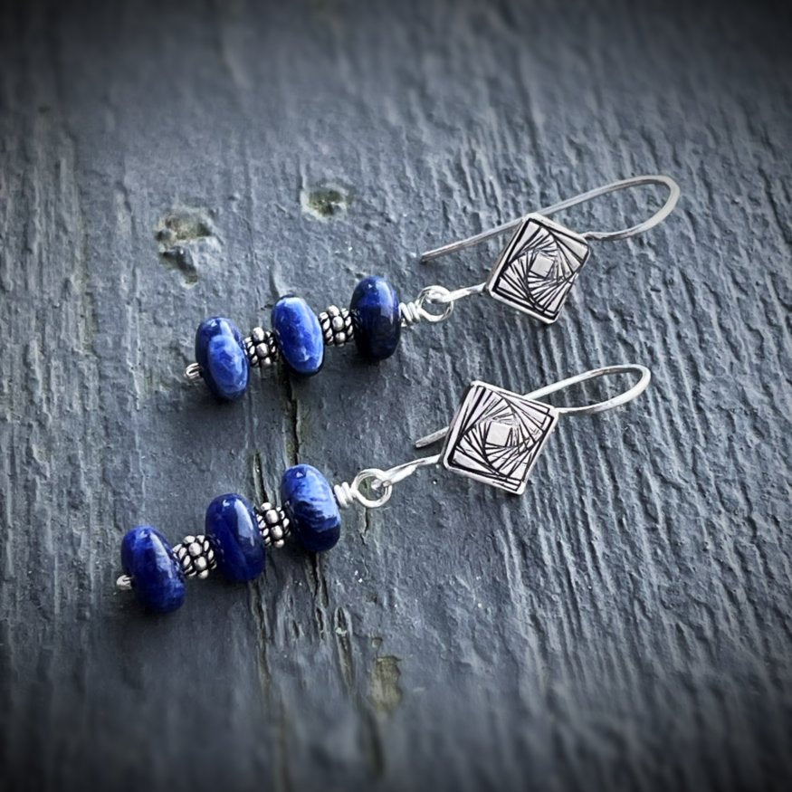 Tres Cool - Deep Navy Blue Sodalite, Sterling Silver & Sacred Geometry Ear Wires