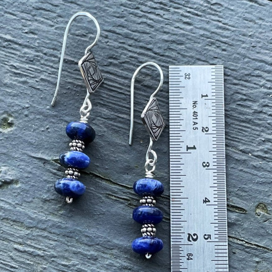 Tres Cool - Deep Navy Blue Sodalite, Sterling Silver & Sacred Geometry Ear Wires