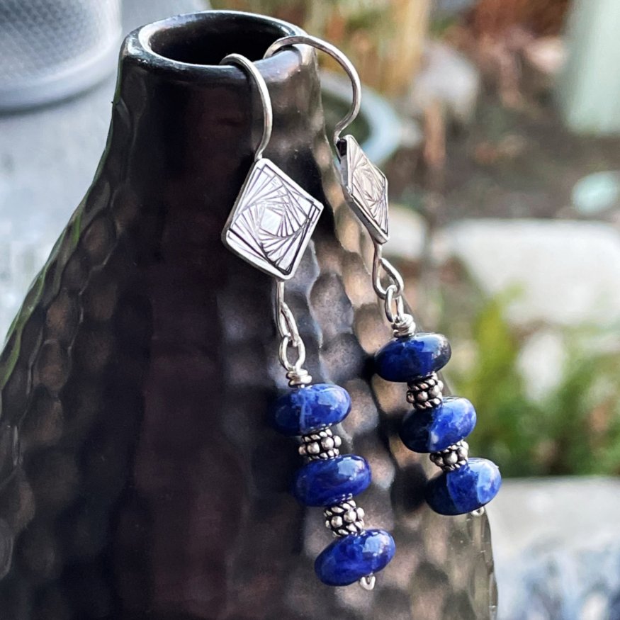 Tres Cool - Deep Navy Blue Sodalite, Sterling Silver & Sacred Geometry Ear Wires