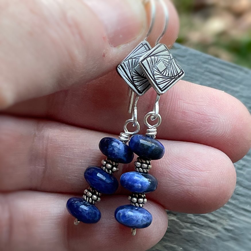 Tres Cool - Deep Navy Blue Sodalite, Sterling Silver & Sacred Geometry Ear Wires