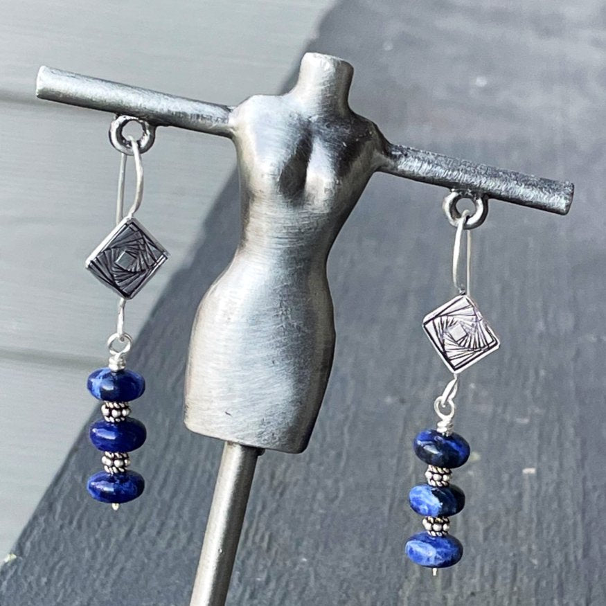 Tres Cool - Deep Navy Blue Sodalite, Sterling Silver & Sacred Geometry Ear Wires