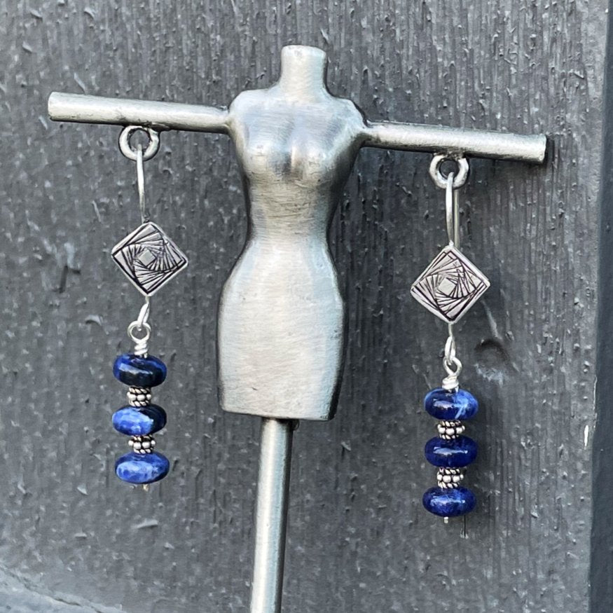 Tres Cool - Deep Navy Blue Sodalite, Sterling Silver & Sacred Geometry Ear Wires